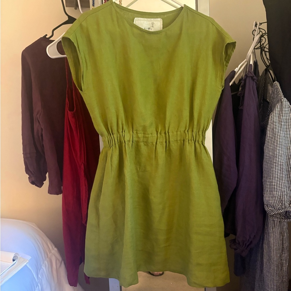 NotperfectLinen Moss Green Elastic Waist Dress
